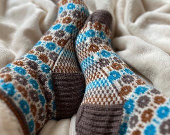 Hand Knit Nordic Fair Isle Wool Socks | Cozy Scandinavian Winter Socks | Merino Blend Socks | Warm Handmade Gift for Women