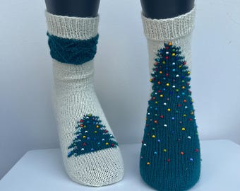 Hand Knit Christmas Tree Socks, Wool Socks with Beaded Christmas Tree, Custom Colors, Cozy Holiday Gift