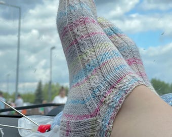 Hand-Knitted Cotton Ankle Socks – Pastel Cable Knit, Custom Size