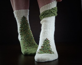 Hand Knit Christmas Tree Wool Socks with Czech Beads, Custom Colors, Handmade Christmas Gift
