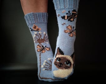 Hand Knitted Wool Socks with Cat and Butterflies