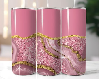 Rosa Marmor Tumbler Wrap mit Namen Agate Gold Glitter Sublimation Designs 20 Unze Skinny Tumbler Png