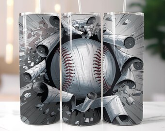 Könnte beinhalten: Ein Edelstahlbecher mit einem Baseball-Motiv. Der Baseball ist von einem Design aus wirbelndem Papier oder Stoff umgeben. Der Becher ist grau und weiß.