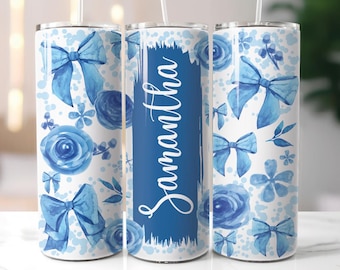 Coquette Bow Tumbler Wrap Png Blue Coquette Floral Custom name Sublimation Designs 20 oz Skinny Tumbler Png