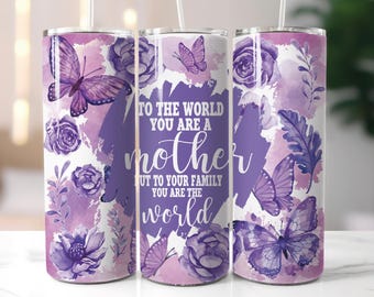 Mother's Day Tumbler Wrap Png Purple Butterflies Mom Sublimation Designs 20 oz Skinny Tumbler Png