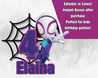 May include: A digital file featuring a cartoon image of Spider-Gwen, a female superhero, in a purple and blue costume. The image includes a web design, the number 4, and the name Elaina. The file is for use in Canva.