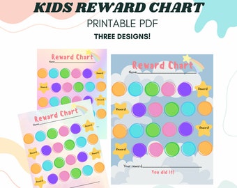 May include: Three printable kids' reward charts with colorful circles and star accents. The charts feature the text "KIDS REWARD CHART," "PRINTABLE PDF," and "THREE DESIGNS!" Each chart has space for a name and a reward.