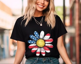 Patriotyczna koszulka z motywem kwiatowym i amerykańską flagą: koszulka unisex z okazji 4 lipca