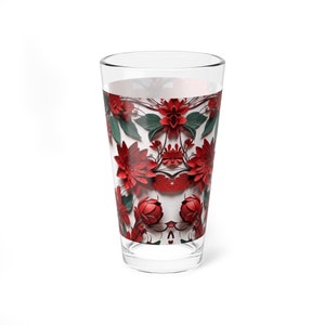 Mixing Glass, 16oz Poinsettia Flower Merry Christmas Happy New Year