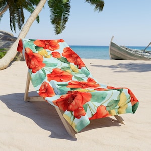 Tropisches Hibiskus Strandtuch, Sommer Pool Accessoire, Florales Handtuch für Urlaub, Vintage Strand Decke, Geschenk für Liebhaber des Ozeans