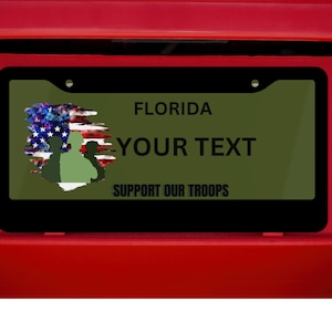 Customized License Plate, Support Our Troops Car Tag, Personalized Vehicle Sign, Military Pride Decor, USA Flag Auto Plate, Unique Gift