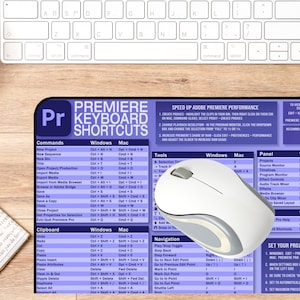 May include: A purple and blue mouse mat with the text "Premiere Pr Keyboard Shortcuts" and a list of keyboard shortcuts for Adobe Premiere Pro. The mouse mat also includes tips for speeding up Adobe Premiere Pro performance.