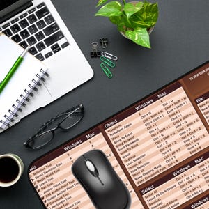 May include: A brown and beige mouse pad with a keyboard shortcut chart for Adobe Illustrator. The chart includes keyboard shortcuts for both Windows and Mac operating systems. The chart is divided into sections for Object, Select, File, and Tools. The mouse pad also features a black computer mouse.