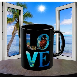 Sea Turtle Coffee Mug: Beach Ocean Lover Gift, Black Ceramic Drinkware
