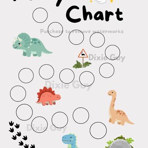 May include: A Potty Chart with black text, a white toilet icon, and a winding path of empty circles. The design features a green triceratops, a red stegosaurus, a tan long-necked dinosaur, a blue t-rex, a dinosaur crossing sign, and a reward circle.