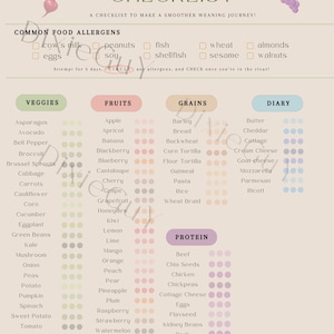 Op de afbeelding: Een beige checklist getiteld "FIRST FOODS CHECKLIST" met secties voor groenten, fruit, granen, zuivel en eiwitten. Bevat een lijst met veel voorkomende voedselallergenen.