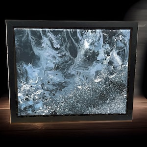 Large Blue swirl canvas in black frame with crushed glass and resin