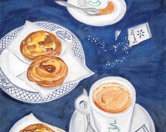 May include: Watercolor painting of a cafe scene with two cups of coffee, saucers, spoons, and pastries on a blue tablecloth. Sugar packets are also present. The cups have a green coffee cup design.