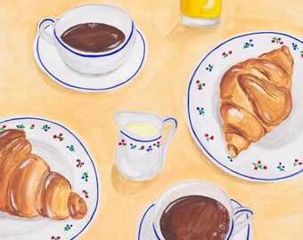 May include: Watercolor illustration of a breakfast scene with coffee, croissants, and orange juice. Two cups of coffee on saucers, two croissants on plates with floral patterns, and a small creamer. A glass of orange juice and silverware are also present.