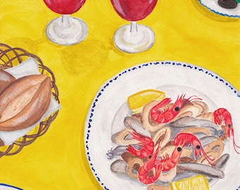 May include: Watercolor illustration of a table setting with food and drinks. Two glasses of red wine with ice and orange slices, a plate of shrimp, olives, bread, and sardines. Yellow background.