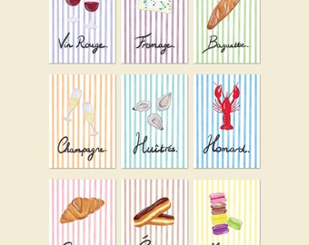 May include: Watercolor illustrations of French food and drink items on striped backgrounds. Includes red wine, cheese, a baguette, champagne, oysters, lobster, a croissant, éclair, and macarons. Text reads "Vin Rouge," "Fromage," "Baguette," "Champagne," "Huîtres," "Homard," "Croissant," "Éclair," and "Macarons."