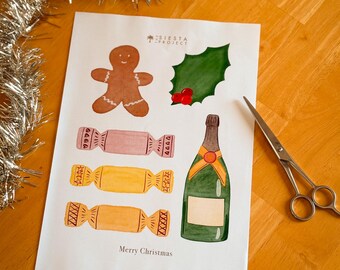 May include: A watercolor illustration featuring Christmas-themed elements. The design includes a gingerbread man, holly with red berries, wrapped candies, and a champagne bottle. The words "Merry Christmas" are printed at the bottom.