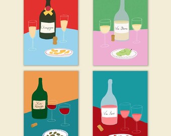 Aperitif Wall Art Set of 4, Hand-drawn Wine & Champagne Printable Art Bundle, Kitchen Dining Room Decor, Digital Download Set