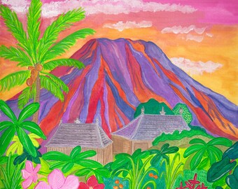 May include: A vibrant painting of a tropical landscape. A large mountain with purple and red stripes dominates the background. Palm trees, flowers, and two houses with gray roofs are in the foreground. The sky is a gradient of pink, orange, and yellow.