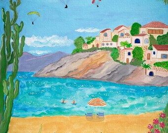 May include: A vibrant painting of a coastal scene with a sandy beach, turquoise water, and a hillside village. Parasailers float in the blue sky. A striped umbrella and beach chairs sit on the sand. Green cacti and plants frame the view.