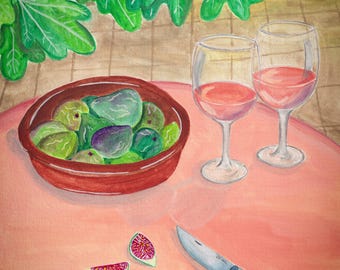 May include: Watercolor painting of a still life with figs and wine. A red bowl holds green and purple figs. Two wine glasses with pink liquid sit next to the bowl. Sliced figs and a knife are on the pink tablecloth. Green leaves and figs are in the background.