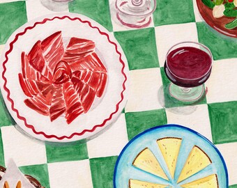 May include: Watercolor illustration of a table setting with wine glasses, plates of food, and bread. The plates hold sliced meat, cheese, and olives. The table has a green and white checkered pattern.