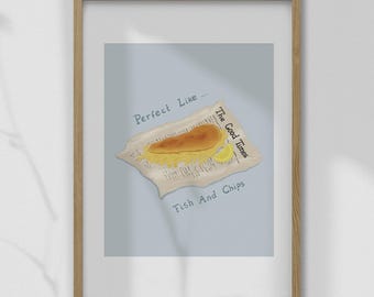 May include: A framed print featuring a stylized illustration of fish and chips. The image shows a golden-brown piece of fried fish and a pile of fries on a paper wrapper. Text on the print reads "Perfect Like... The Good Times Fish And Chips."