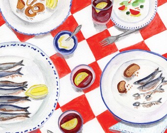 May include: Watercolor illustration of a table set for a meal. Plates of food, including fried items, fish, and bread, are arranged on a red and white checkered tablecloth. Small glasses of red liquid with lemon slices are also present.