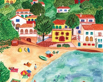 May include: Watercolor painting of a coastal village with colorful buildings and red-tiled roofs nestled among green hills. A sandy beach with people sunbathing and swimming in the turquoise water is in the foreground.