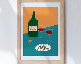 May include: Illustration of a wine-themed still life. A green wine bottle with a label reading "Vin Rouge" is next to two wine glasses filled with red wine. A cork and a plate of olives complete the scene, set against a teal and orange background.