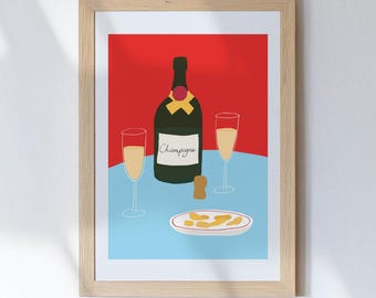 May include: A framed print featuring a champagne bottle, two glasses, and a plate of appetizers. The bottle has a label that says "Champagne". The background is red and blue, with a cork and a plate of food.