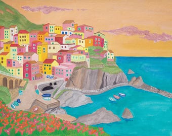 May include: Watercolor painting of a colorful coastal village with buildings in shades of pink, yellow, and red. The village sits on a cliff overlooking a turquoise sea with small boats. The sky is a warm orange and pink.