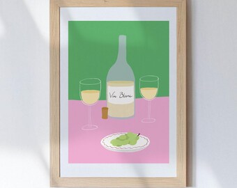 May include: A framed print featuring a still life of wine. A bottle of "Vin Blanc" sits on a pink surface, flanked by two wine glasses and a plate of green grapes. The background is green.