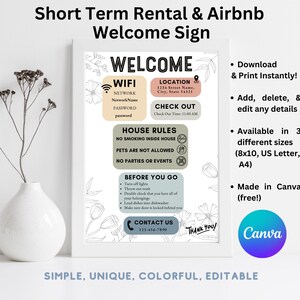 Editable Airbnb Welcome Sign, Printable Short Term Rental Sign, Canva Template, Unique, Colorful, Simple