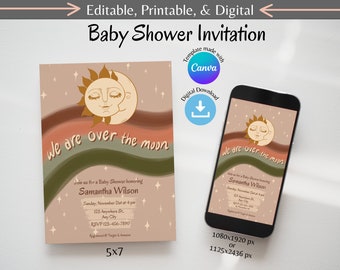 Digitale schattige baby shower uitnodiging | Bewerkbare Canva-sjabloon | Elektronische feestuitnodiging | Afdrukbaar en bewerkbaar | Wij zijn over de maan