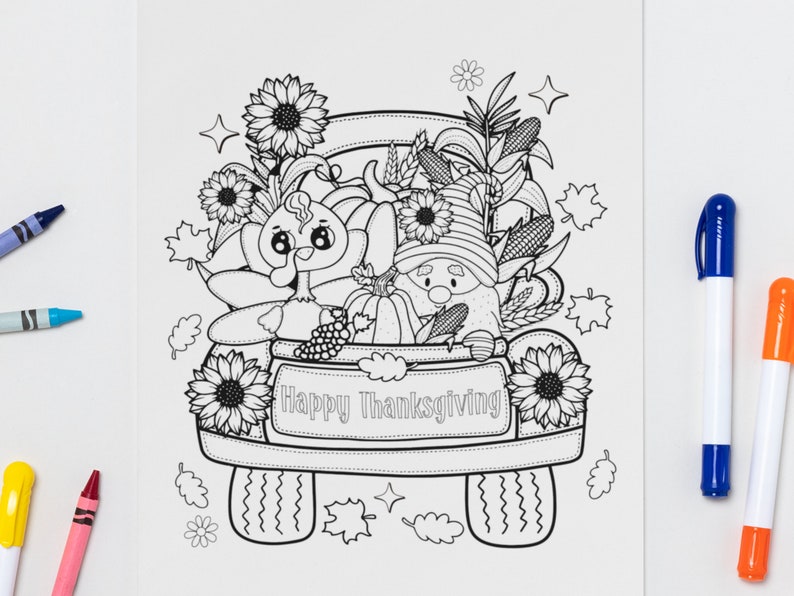 May include: A black and white line drawing of a Thanksgiving themed pickup truck with a turkey, a gnome, and pumpkins. The truck has the words "Happy Thanksgiving" written on the back.