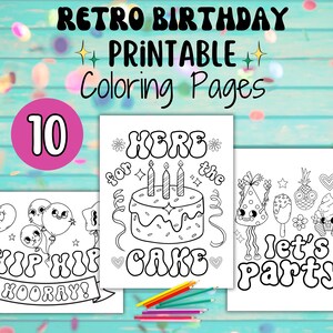 Retro Birthday Coloring Pages | 10 Printable Pages | Perfect for adults, teens, & kids