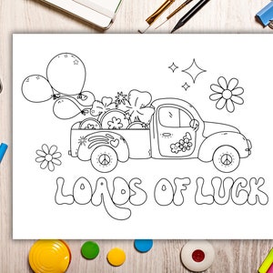 May include: A black and white line drawing of a vintage truck filled with four-leaf clovers and balloons. The truck has a peace sign on the tyre and the words "Loads of Luck" are written in a retro font.