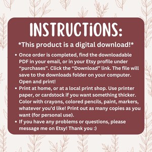 Op de afbeelding: Instructies voor een digitale download. De tekst legt uit hoe je het bestand kunt downloaden en afdrukken. Er wordt ook gesuggereerd om verschillende knutselmaterialen te gebruiken om de afdruk in te kleuren.