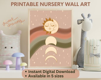 Druckbare Kinderzimmer Wandkunst, Büro oder Wohnzimmer Wandkunst, digitaler Download, Sonne und Mond Kunstwerk