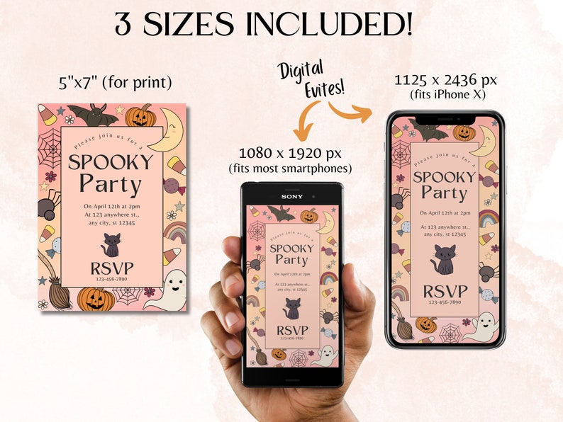 Op de afbeelding: Printbare en digitale Halloween-partij uitnodiging met een roze achtergrond en schattige illustraties van vleermuizen, pompoenen, ma&iuml;s, geesten, spinnen en een zwarte kat. De tekst luidt "Spooky Party" met de datum en tijd van de partij en RSVP-informatie.