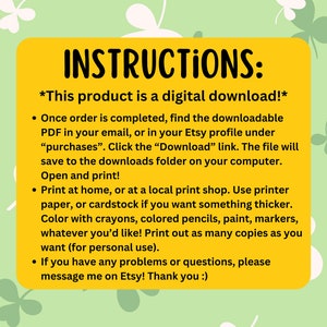 May include: Yellow instructions for a digital download. The text says "This product is a digital download!" and includes instructions on how to download and print the file. The instructions also mention that the file can be coloured with crayons, coloured pencils, paint, or markers.