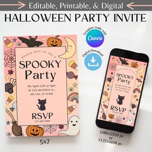 Op de afbeelding: Een roze en oranje Halloween-partyuitnodiging met een zwarte kat, een pompoen, een spook en een bezem. De tekst luidt "Doe mee met ons voor een Spooky Party" en bevat de datum, tijd en locatie. De uitnodiging is verkrijgbaar in twee formaten: 5x7 inch en 1080x1920 pixels of 1125x2436 pixels.