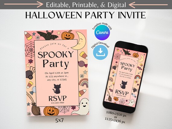 Digital Cute Halloween Party Invite | Editable Canva Template | Electronic Party Invite | Printable & Editable