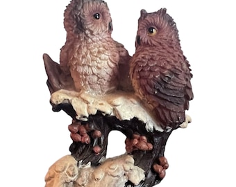 Vintage Owl Figurine Pair Brown Owls On Log Resin Bird Statue 3 Inch